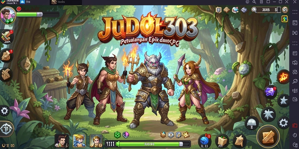 Tampilan gameplay epik dalam <strong>JUDOL303</strong> dengan karakter dan monster beranimasi.
