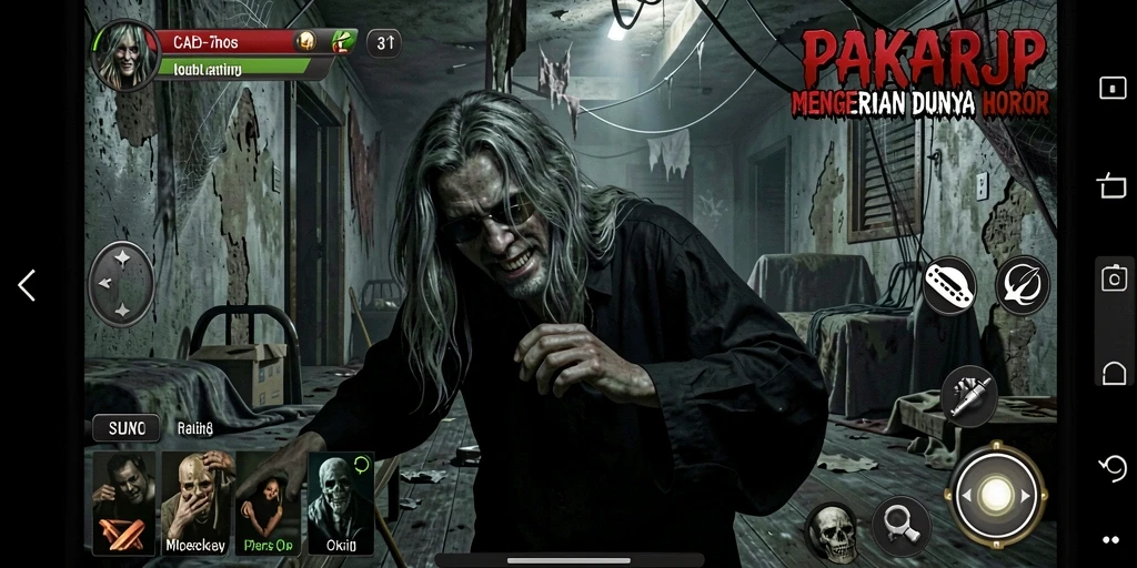 Screenshot gameplay PAKARJP yang menampilkan suasana mencekam dan efek suara menakutkan.