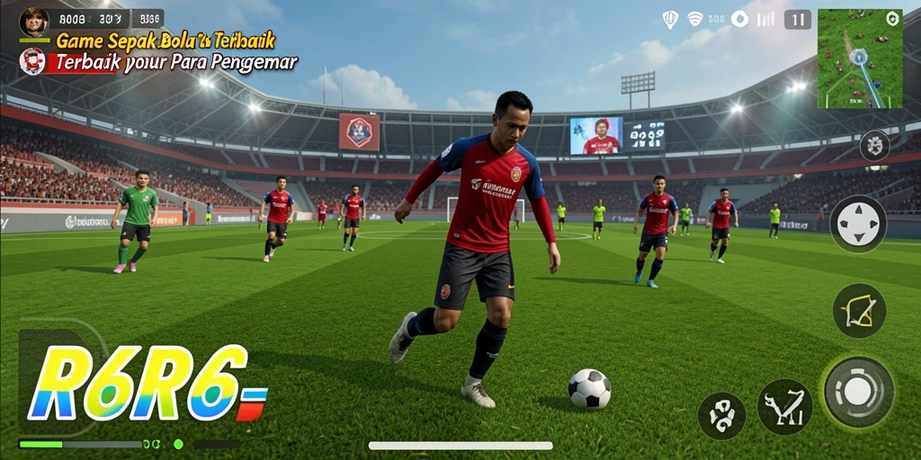Tampilan gameplay R6R6 yang menarik dalam aksi sepak bola.
