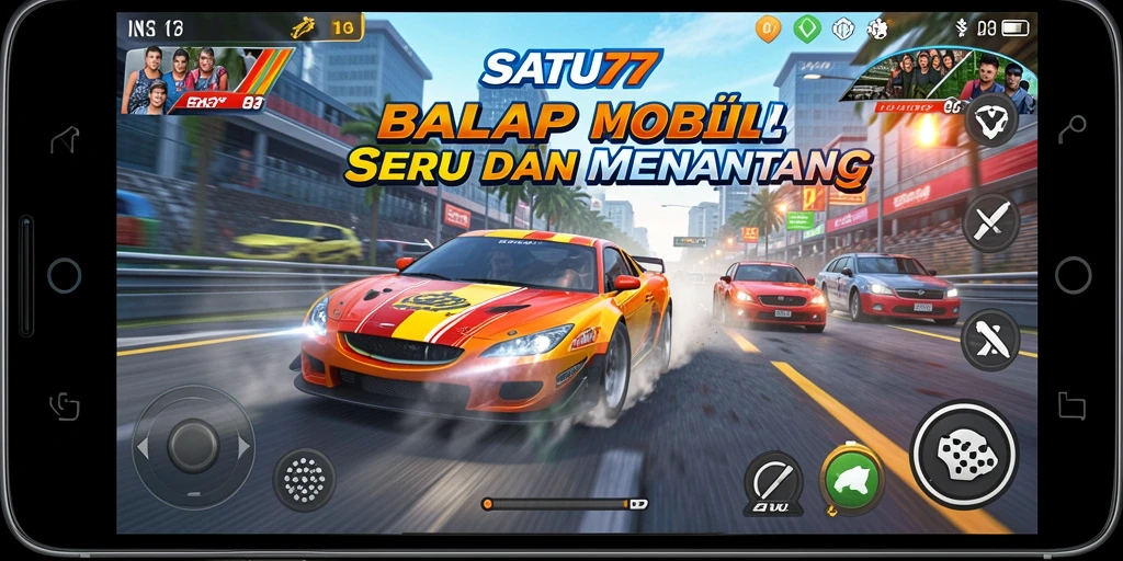 Tampilan gameplay balap mobil yang mendebarkan di SATU77.